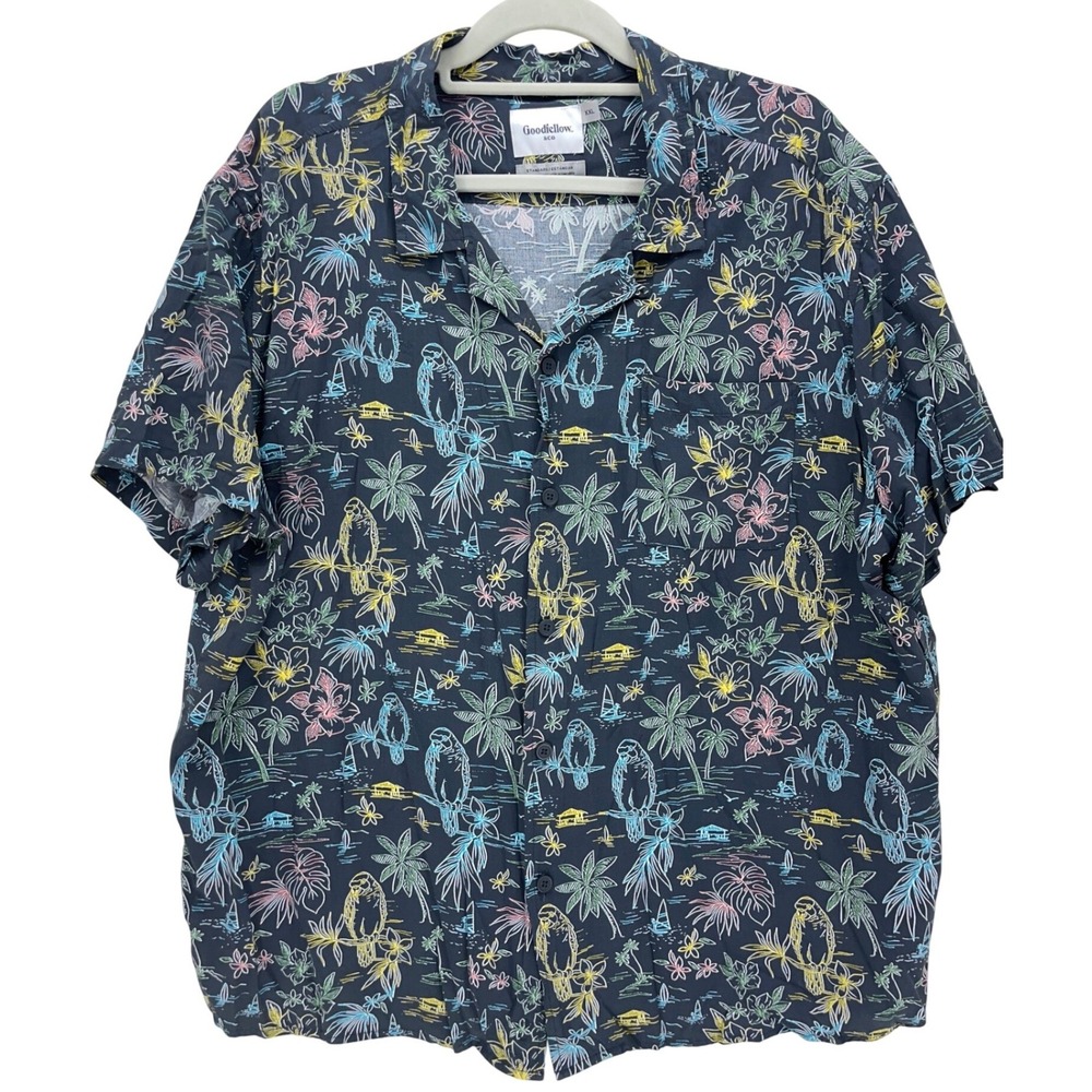 Goodfellow & Co Blue Tropical Parrot Print Button Down Shirt XXL Short Sleeve